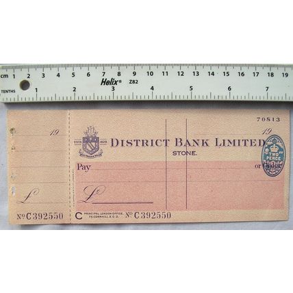 1946 unused cheque, District Bank Ltd., Stone