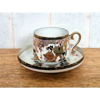Antique Japanese Geisha Tea Cup Set | Hand-Painted Porcelain Teacup Saucer