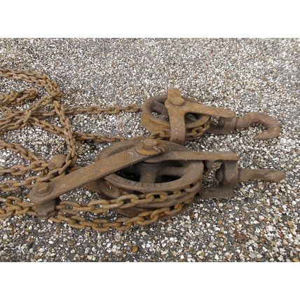 Collection of Large Vintage Metal Pulleys & Chains /Rope decoration hoist winch