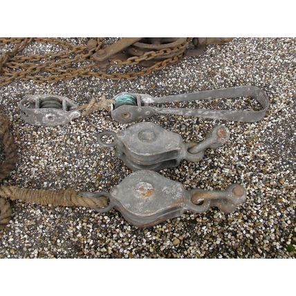Collection of Large Vintage Metal Pulleys & Chains /Rope decoration hoist winch