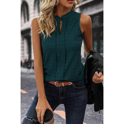 Sea Green Lattice Textured Split Neck Tank Top
