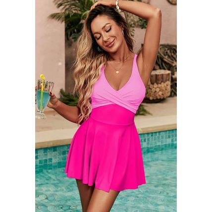 Rose Red Crisscross Straps Tie Back Flared One Piece Swimsuit