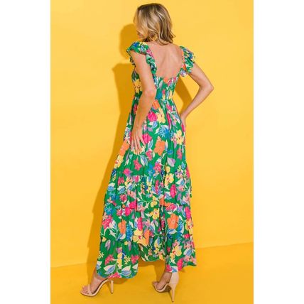 Green Floral Print Sleeveless Ruffle Tiered Maxi Dress