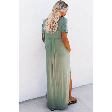 Grass Green V Neck Hidden Pocket Splits Maxi T-shirt Dress