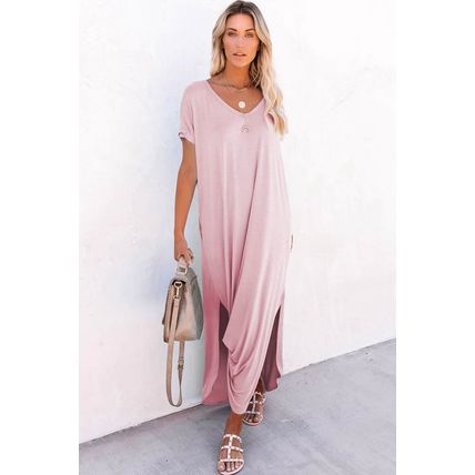 Pink V Neck Hidden Pocket Splits Maxi T-shirt Dress