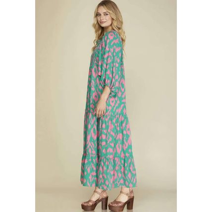 Green Abstract Print Puff Sleeve Tied Notched Neck Long Dress