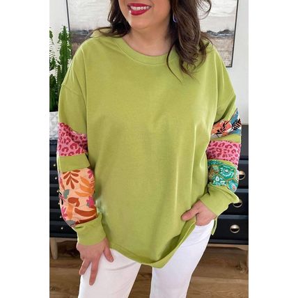 Green Plus Size Printed Patchwork Sleeve Split Sweatshirt
