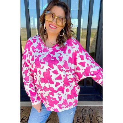 Rose Animal Print Long Sleeve V Neck Plus Size Top