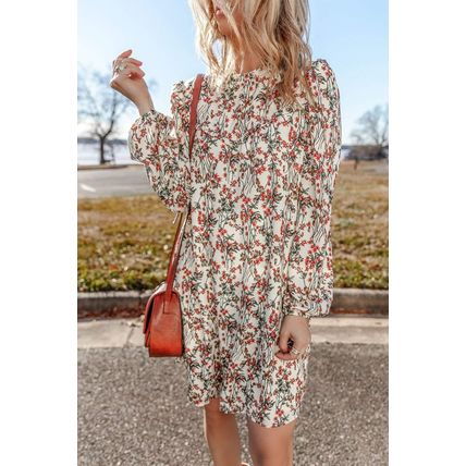 White Floral Printed Long Sleeve Mini Dress