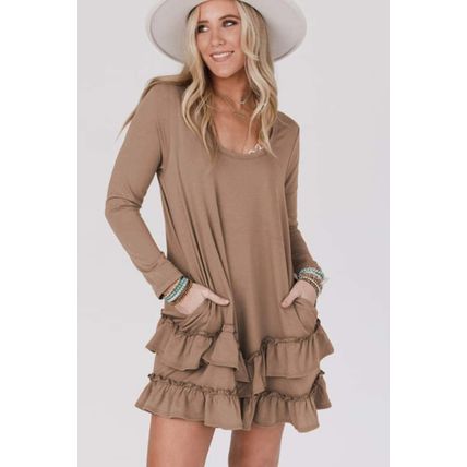 Goat Scoop Neck Tiered Ruffled Hem Long Sleeve Mini Dress