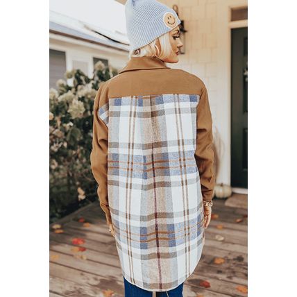 Khaki Plaid Patchwork Long Sleeve Shirt Mini Dress