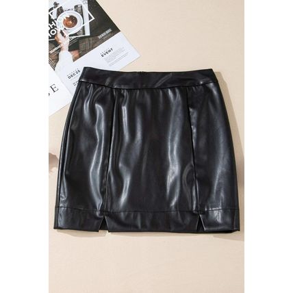 Black PU Leather Side Slits Slim Fit High Waist Mini Skirt