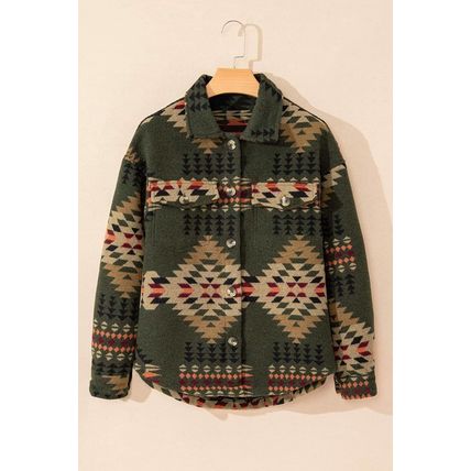 Green Aztec Print Flap Pockets Long Sleeve Shacket