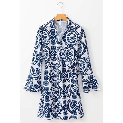 Blue Floral Print V Neck Wrapped Knot Long Sleeve Dress