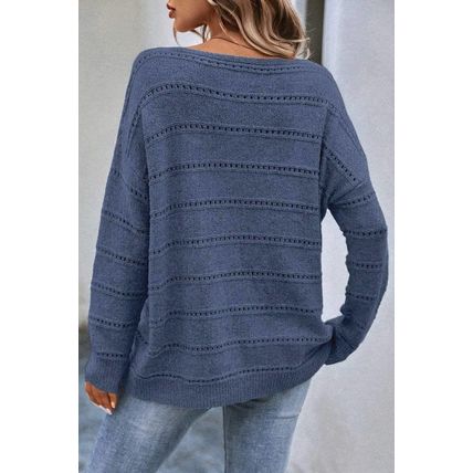 Real Teal Boat Neck Drop Shoulder Pointelle Knit Sweater