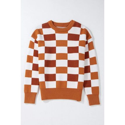 Orange Checkered Ribbed Edge O Neck Drop Shoulder Sweater