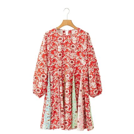 Red Colorful Floral Patchwork Long Sleeve Pleated Mini Dress