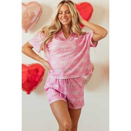 Pink Waffle Knit Bowknot Printed V Neck T Shirt and Shorts Set