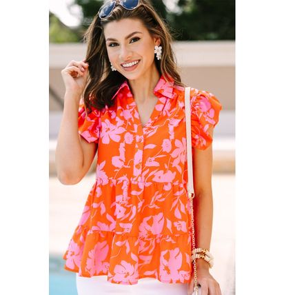 Orange Floral Print Collared Button Neckline Flutter Sleeve Blouse