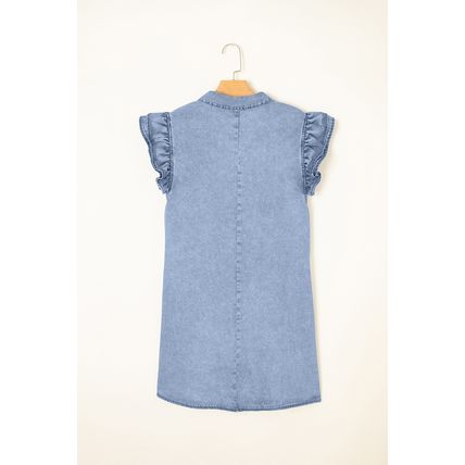 Beau Blue Double Ruffled Sleeves Buttoned A-line Collared Mini Denim Dress