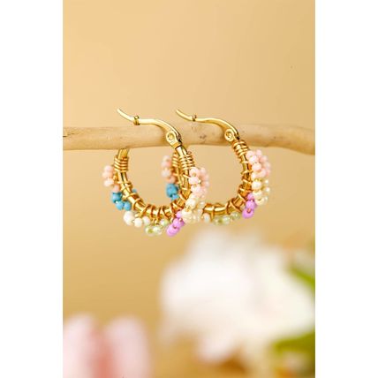 Gold Beaded Flower Hoop Alloy Earrings