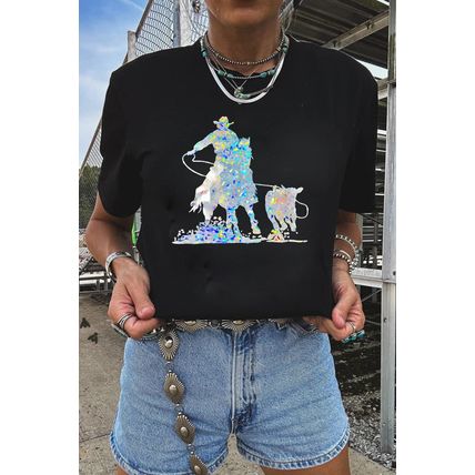 Black Laser Western Cowboy Graphic Crewneck Tee