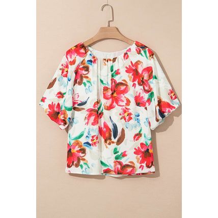 White Floral Print Puffy Half Sleeve Blouse
