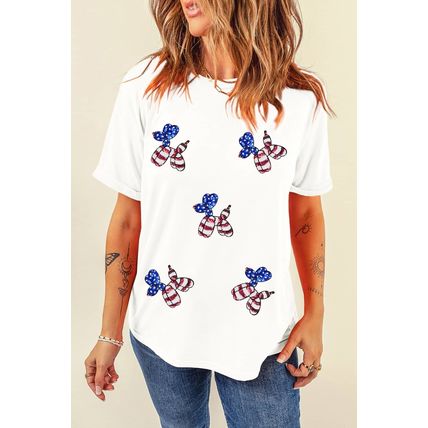 White Sequin Stars and Stripes Balloon Puppy Graphic Crewneck Tee