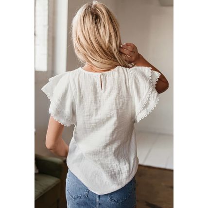White Crinkled Layered Ruffled Flutter Sleeve Blouse