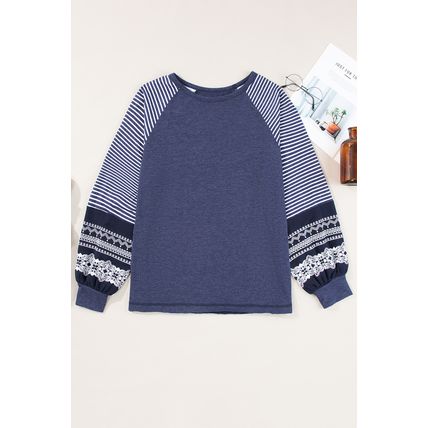 Navy Blue Contrast Print Striped Raglan Long Sleeve Loose Top