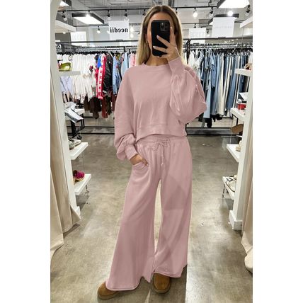 Light Pink Drop Shoulder Puff Sleeve Crop Pullover Drawstring Wide Leg Pants Set