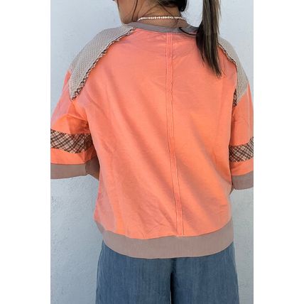 Grapefruit Orange Plaid Waffle Flower Patchwork Bracelet Sleeve Top