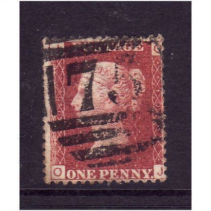 GREAT BRITAIN 1858-79 QV SG44 1d RED BROWN PLATE 108 LETTERED OJ USED