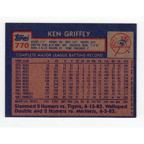 1984 Topps Ken Griffey Sr. baseball card #770 -NM- Yankees