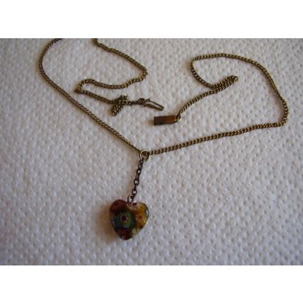 Vintage Necklace Millefiori Murano Glass Small Heart Pendant Chain Push-in Clasp