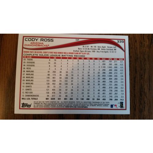 2014 Topps Card # 339 Cody Ross Mint (9) Arizona Diamondbacks