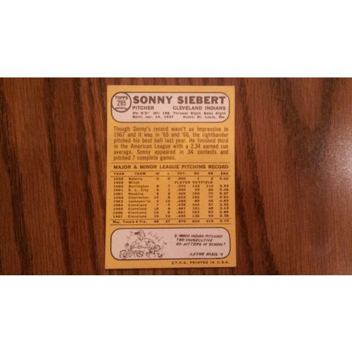 1968 Topps Card # 295 Sonny Siebert Very Good (3) Cleveland Indians