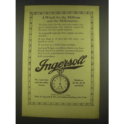 1912 Ingersoll Watch Ad - For Millions and Millionaires