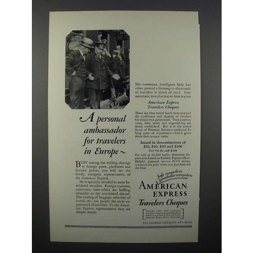 1928 American Express Travelers Cheques Ad - Ambassador