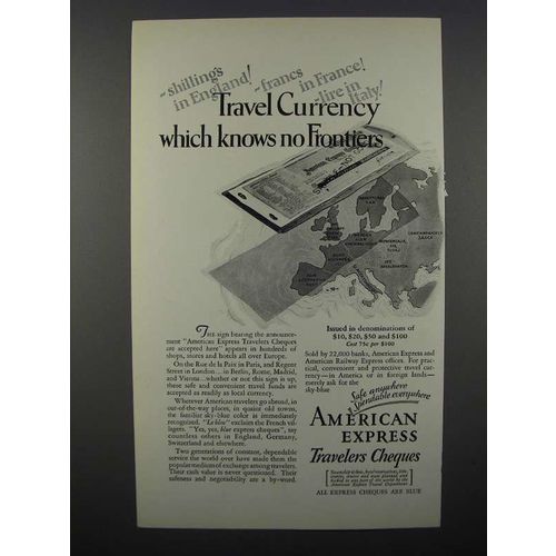 1928 American Express Travelers Cheques Ad - Frontiers
