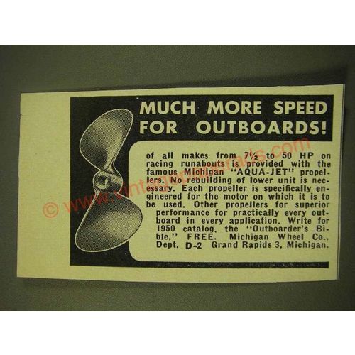 1950 Michigan Wheel Co. Aqua-Jet Propellers Ad - Much more speed for outboards