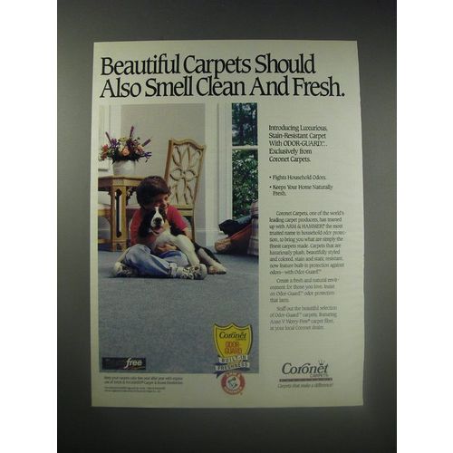 1990 Coronet Carpets Ad - Beautiful carpets should also smell clean and fresh