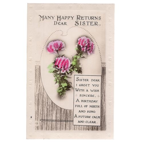 MANY HAPPY RETURNS DEAR SISTER ..used vintage postcard