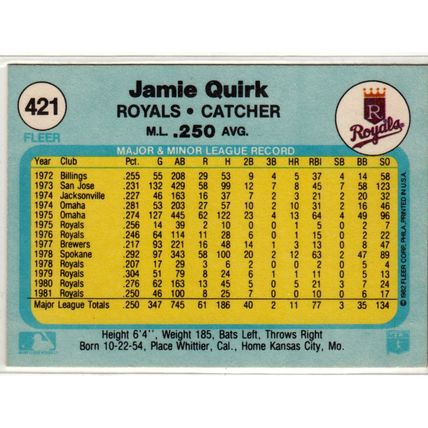 1982 Fleer baseball card 421 Jamie Quirk– Royals