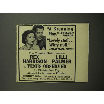 1952 Venus Observed Play Ad - Theatre Guild Presents Rex Harrison Lilli Palmer