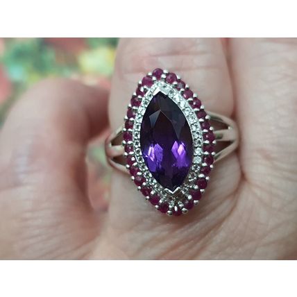 3.7ct Amethyst Burmese Ruby White Topaz Ring Size P½ Rhodium Overlay 925 Silver