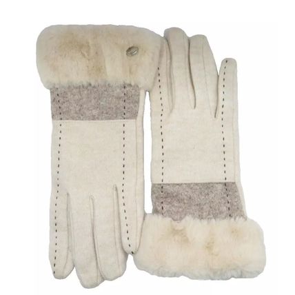 Ladies Gloves Cream Stitch Design Faux Fur Edging Clothing Accessory 23.5 CM