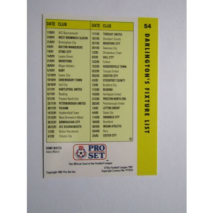 54. Darlington - Gary Gill - Pro Set 1990/91 Football Fixture List Card (ef1)