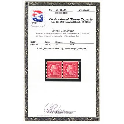 454, Mint VF NH 2¢ Coil Pair With PSE Certificate * Stuart Katz