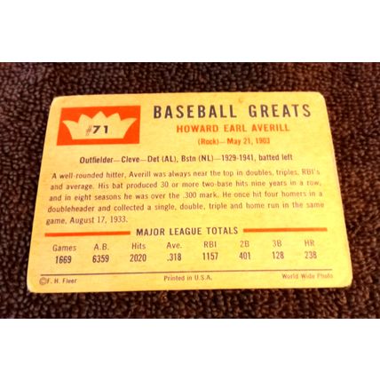 1969 Fleer # 71 Earl Averill Outfield Cleveland Insians 3.0 VG (HOF)